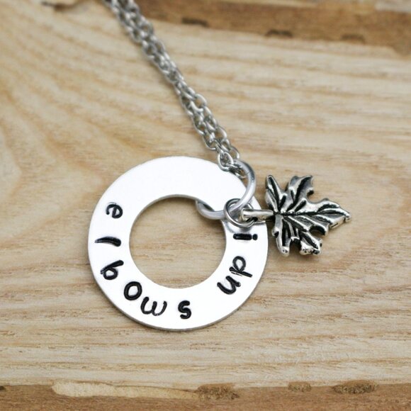 Elbows Up! Maple Leaf Hand Stamped Pendant Necklace - Handmade & Hypoallergenic - Picture 4 of 13